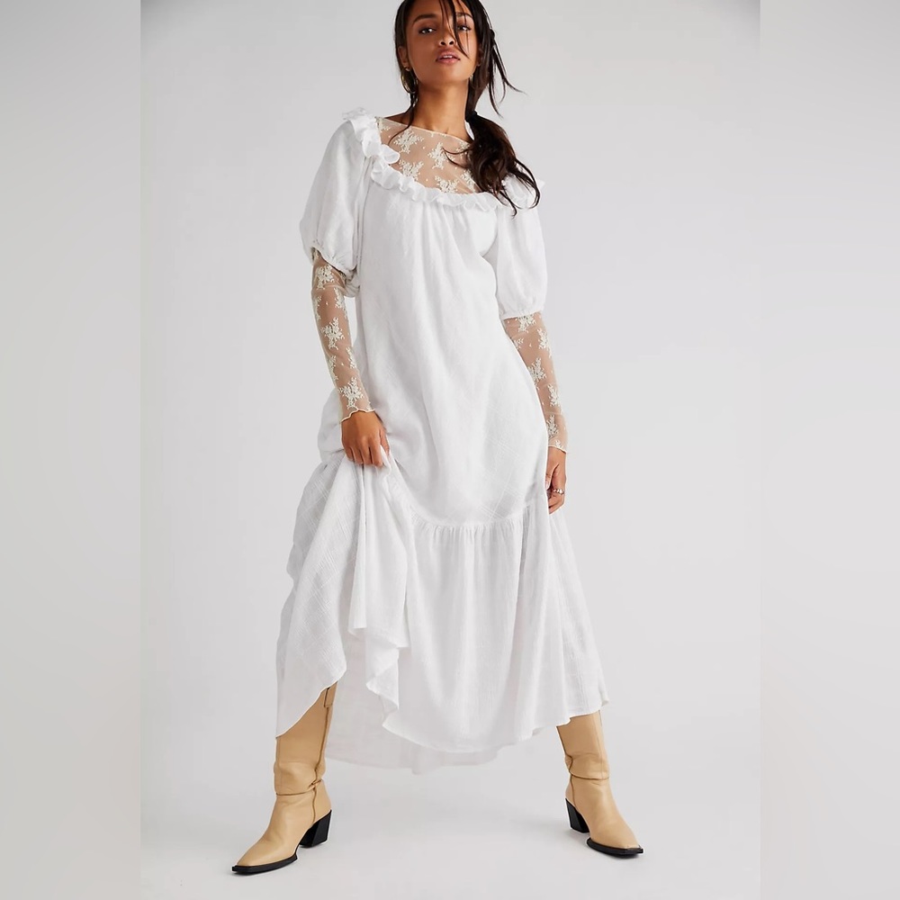 Free People White Maxi Dress with Lace Insets